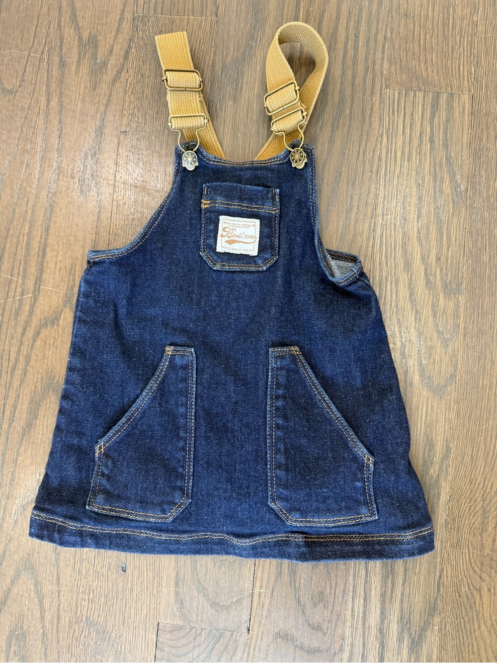 Bonton Dark Blue Denim Overall Dress with Mustard Straps